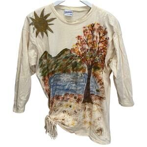 Vintage Decosport 3/4 Sleeve Womens Top Hand painted Mountain Tree Size L Ivory